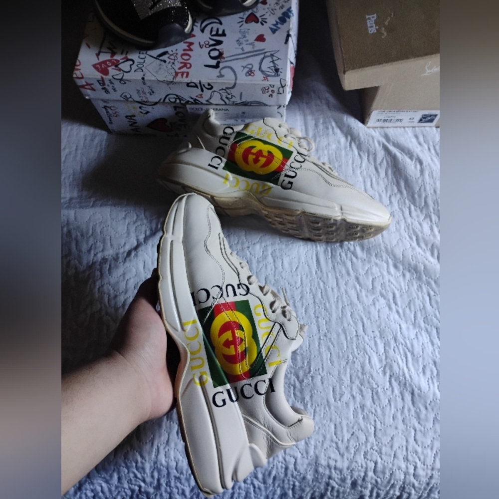 Gucci Cream Sneakers with Red and Yellow Logo